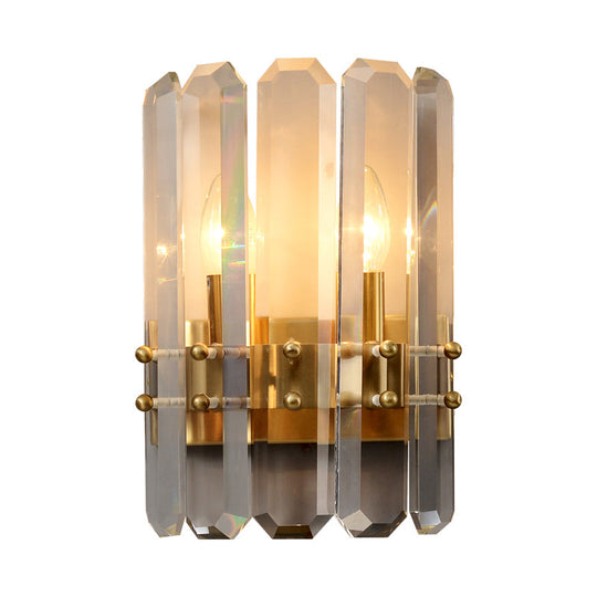 Modern Gold Crystal Flush Wall Sconce: Half-Cylinder Rectangle-Cut Lamp With 2 Lights For Hallways