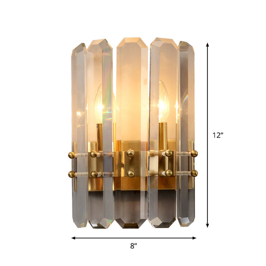 Modern Gold Crystal Flush Wall Sconce: Half-Cylinder Rectangle-Cut Lamp With 2 Lights For Hallways