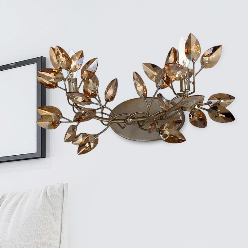 Modern Coffee Wall Sconce With Amber Crystal Shade And Vine Leaf Design - Set Of 2
