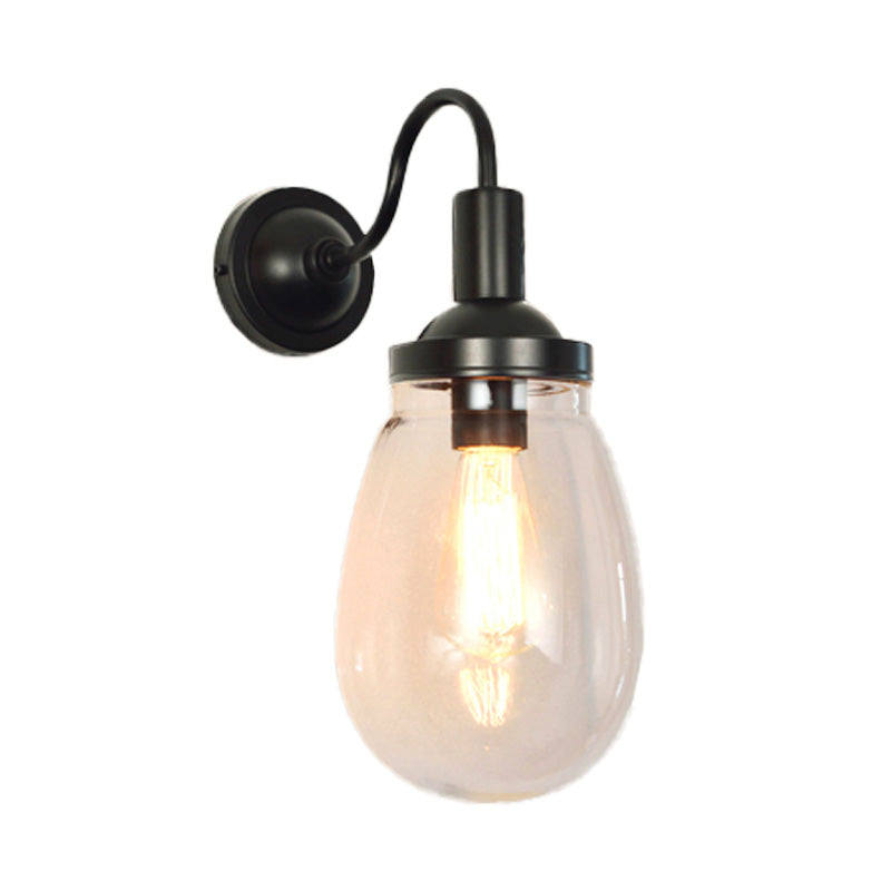 Farmhouse Style Gooseneck Clear Glass Wall Sconce In Black - Single Bulb Bedroom Lamp