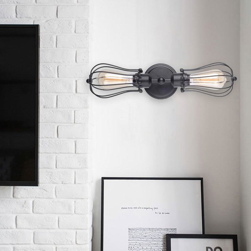 Matte Black Caged Metal Wall Sconce Lighting - Industrial 2-Bulb Design For Dining Room / 2