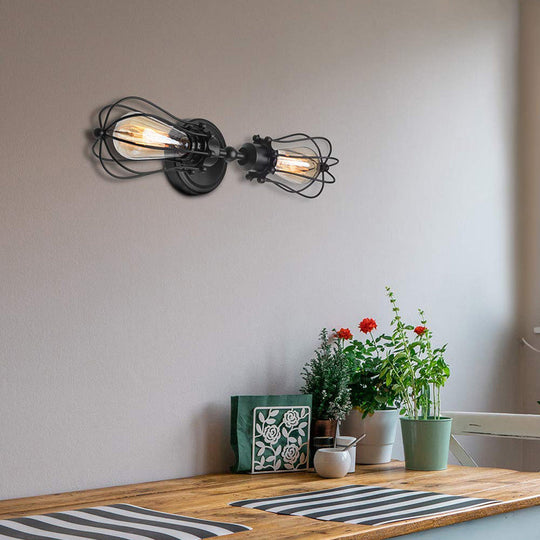 Matte Black Caged Metal Wall Sconce Lighting - Industrial 2-Bulb Design For Dining Room