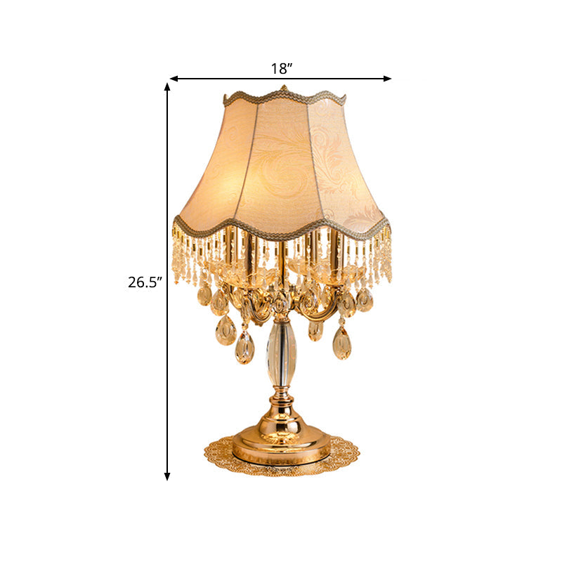 Traditional Gold Table Light With Crystal Draping & Flared Fabric Shade