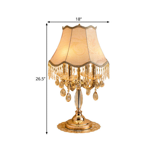 Traditional Gold Table Light With Crystal Draping & Flared Fabric Shade
