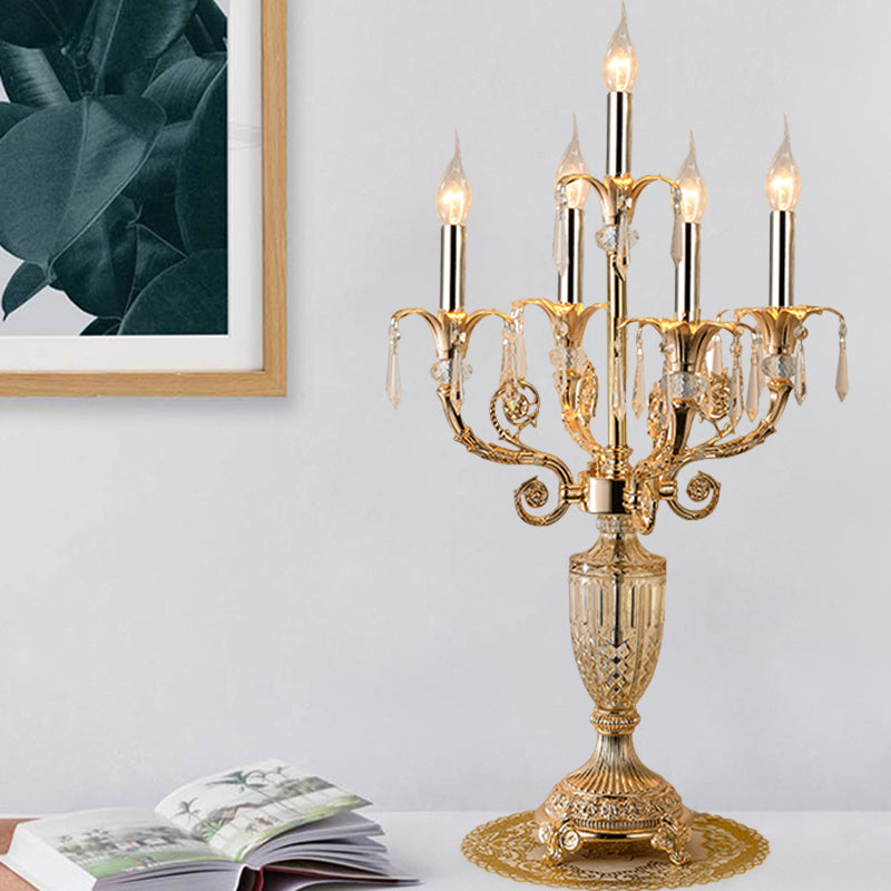Traditional Gold Candlestick Table Lamp With Crystal Spears And Optional Fabric Bell Shade - Set Of
