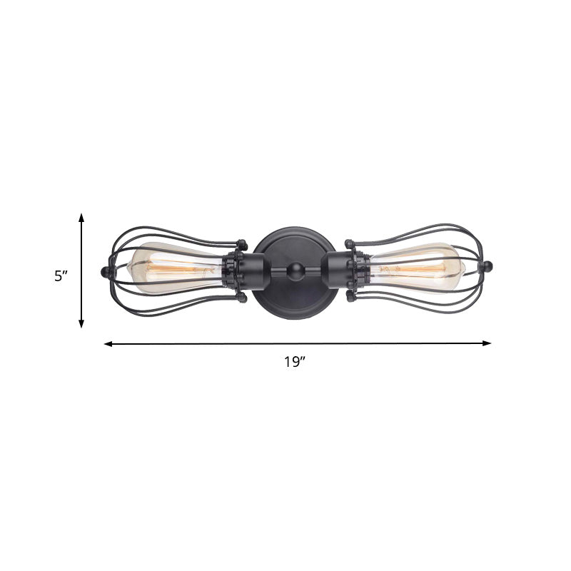 Matte Black Caged Metal Wall Sconce Lighting - Industrial 2-Bulb Design For Dining Room