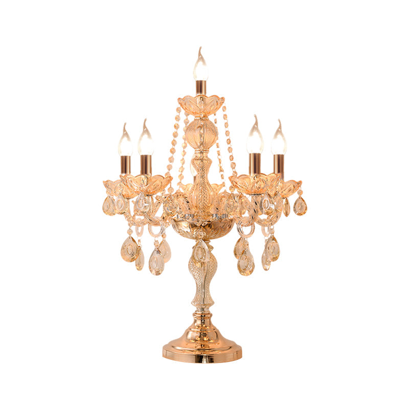 Traditional Gold Crystal Candelabra Table Lamp With White Bell Fabric Shade (5/6 Heads) Nightstand