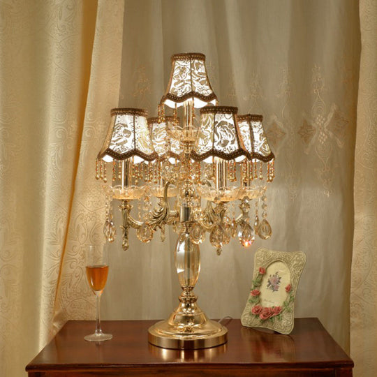 Traditional Gold Crystal Draping Table Lamp With Peony-Patterned Shade - 5 Heads Candle Nightstand