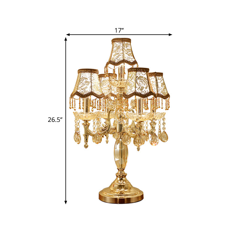 Traditional Gold Crystal Draping Table Lamp With Peony-Patterned Shade - 5 Heads Candle Nightstand