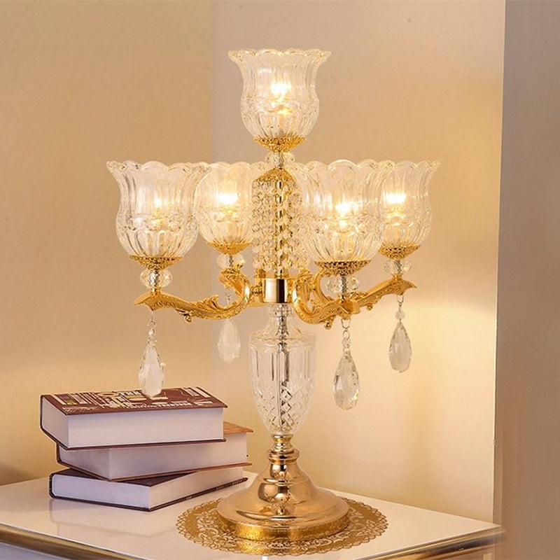 Traditional Crystal Beads Gold Candelabra Nightstand Lamp With Clear Flower Shade - 5 Heads Bedroom