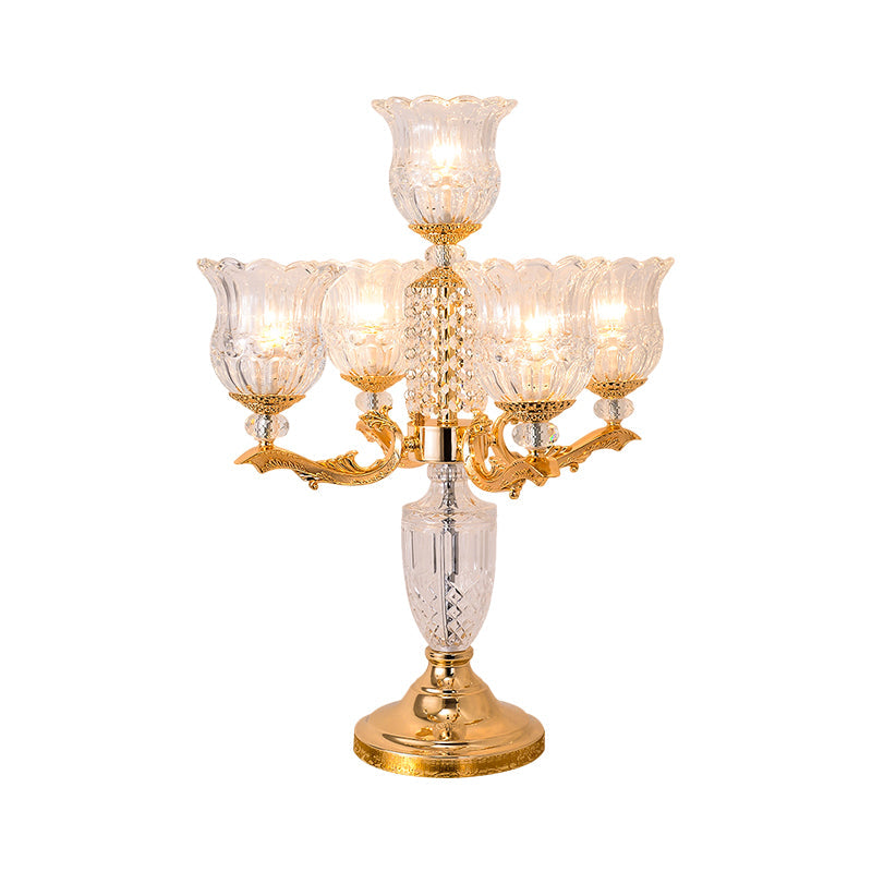 Traditional Crystal Beads Gold Candelabra Nightstand Lamp With Clear Flower Shade - 5 Heads Bedroom