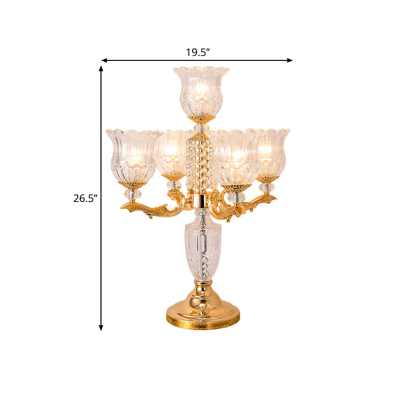 Traditional Crystal Beads Gold Candelabra Nightstand Lamp With Clear Flower Shade - 5 Heads Bedroom
