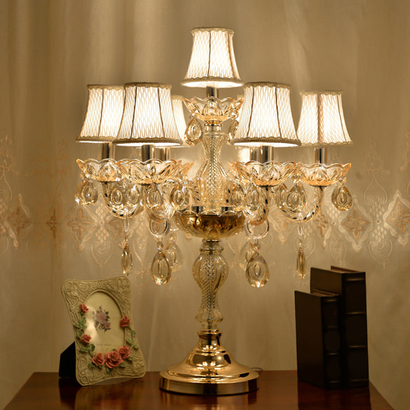 Traditional Gold Crystal Candlestick Table Lamp With White Bell Fabric Shade 7 /