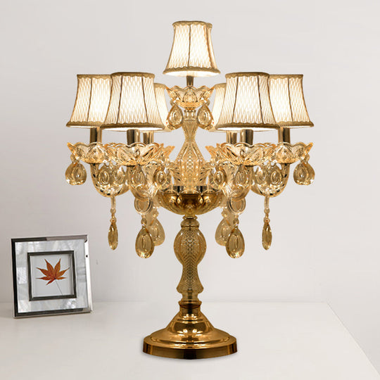 Traditional Gold Crystal Candlestick Table Lamp With White Bell Fabric Shade