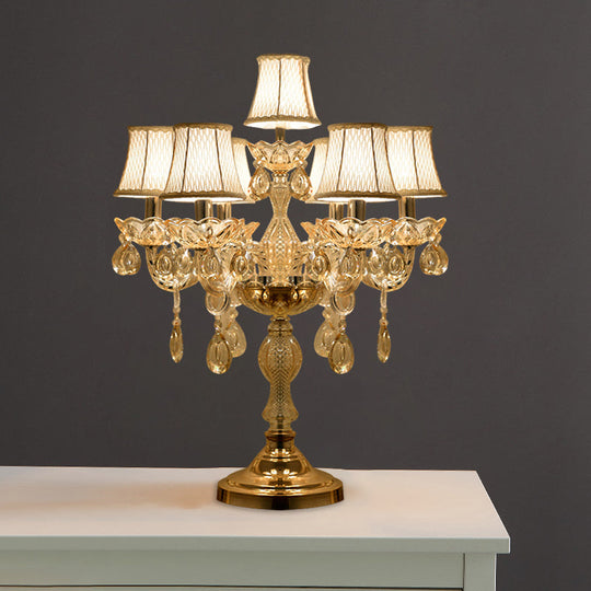 Traditional Gold Crystal Candlestick Table Lamp With White Bell Fabric Shade