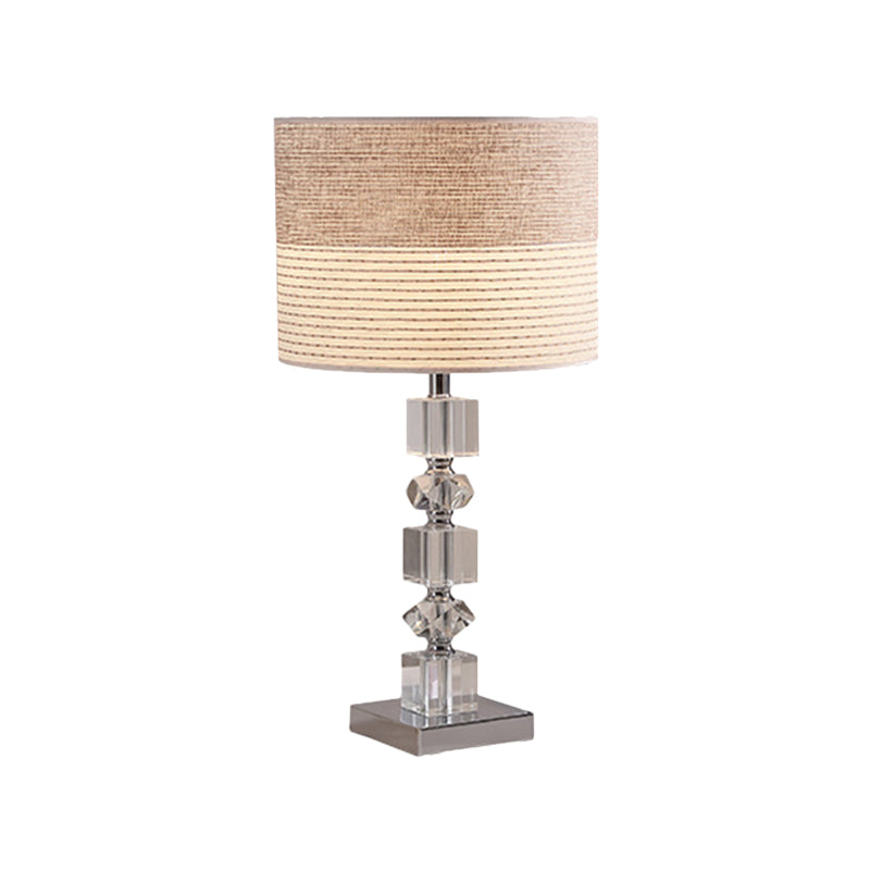 Traditional Beige Crystal Night Stand Lamp With Drum/Barrel Shade