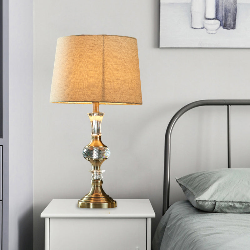 Beige Fabric Night Stand Lamp With Pleated Tapered Shade And Crystal Balls - Traditional Table Light