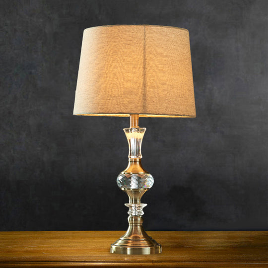 Beige Fabric Night Stand Lamp With Pleated Tapered Shade And Crystal Balls - Traditional Table Light