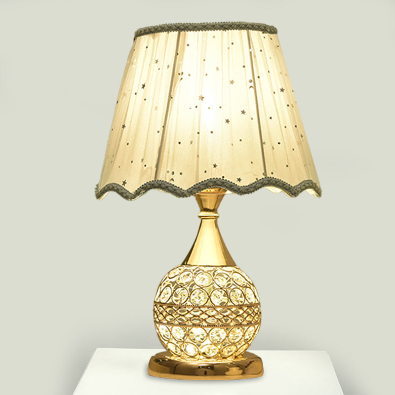 Gold Nightstand Lamp With Crystal Embedding Traditional Table Light Star-Patterned Shade