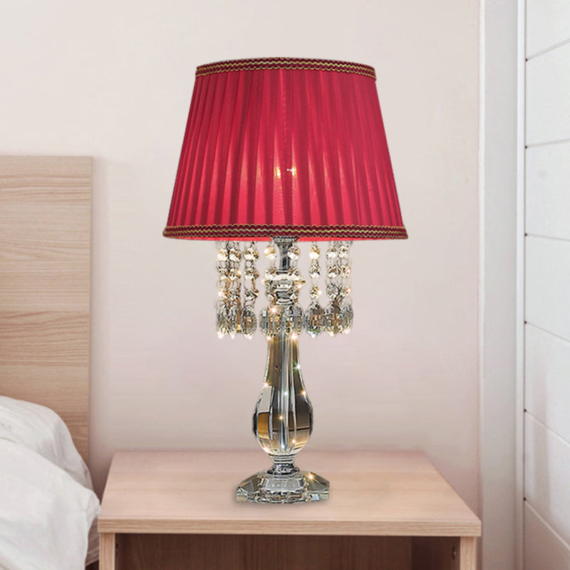 Beige/Burgundy/Sky Blue Traditional Nightstand Lamp With Crystal Beads And Bell/Pleated Shade For