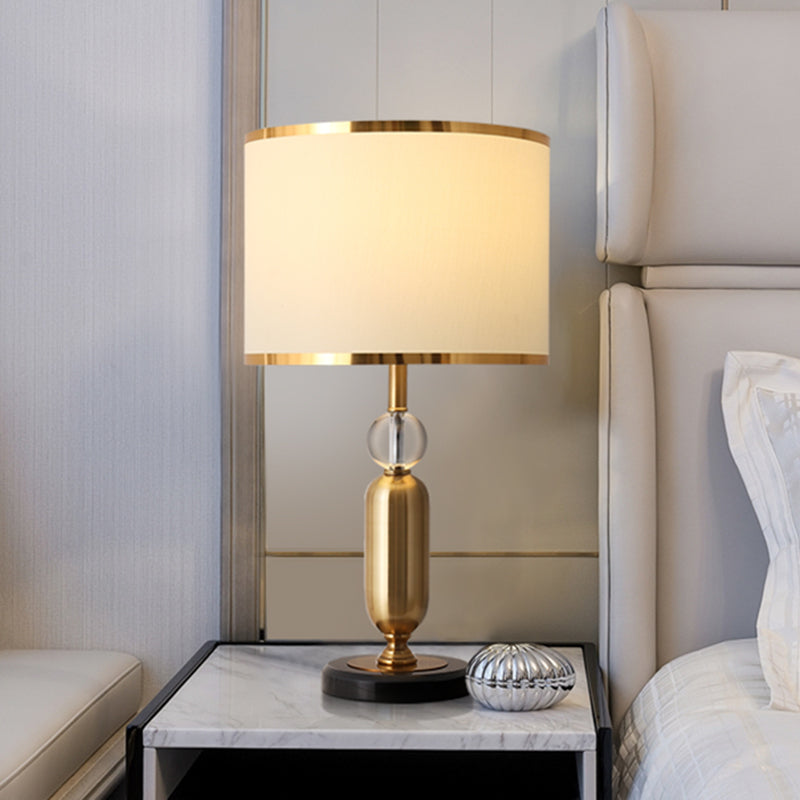 Traditional Clear Crystal Drum Shade Table Lamp - Elegant 1-Light White Nightstand Lighting Gold