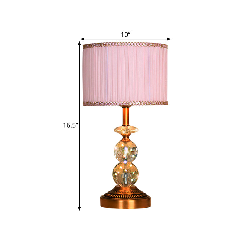Pink Pleated Fabric Nightstand Lamp With Crystal Orbs: Traditional Design In Pink/White/Coffee Shade