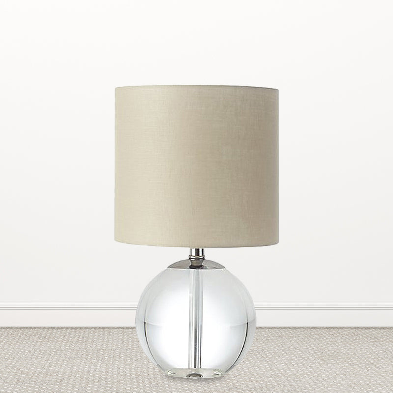 Traditional Beige 1-Head Nightstand Lamp With Fabric Cylindrical Shade And Crystal Spherical Base