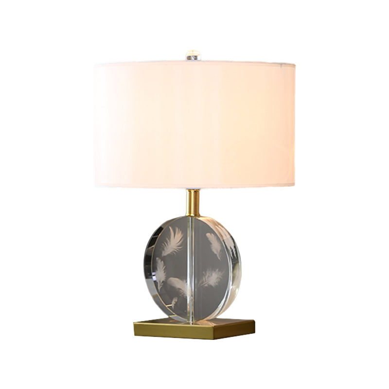 Traditional Nightstand Lamp With White Fabric Cylinder Shade And Clear Circular Crystal Accent
