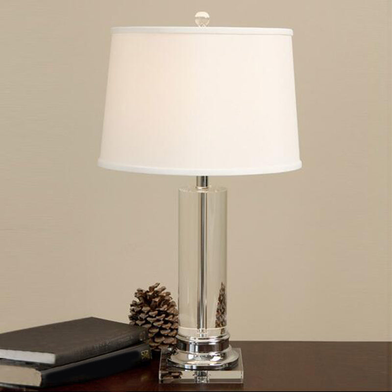Classic Barrel Shade Nightstand Lamp - 1-Head Fabric Table Light In Beige With Crystal Post Clear