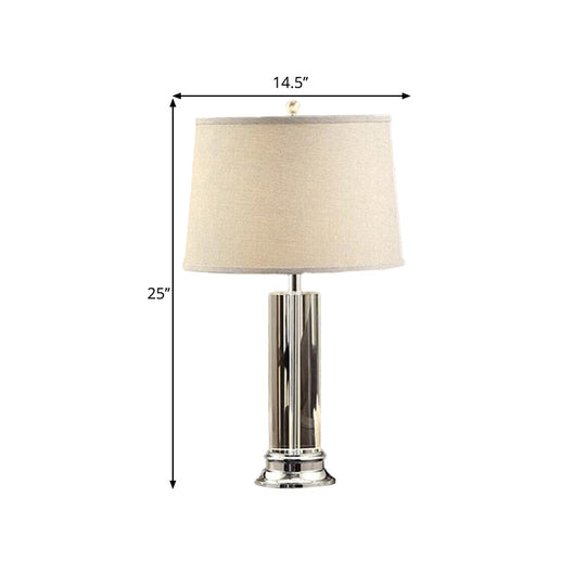 Classic Barrel Shade Nightstand Lamp - 1-Head Fabric Table Light In Beige With Crystal Post