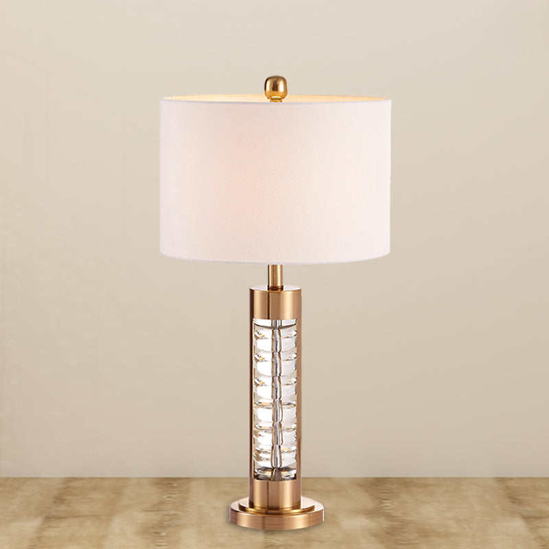 Traditional White Fabric Table Lamp With Gold Metal Base - Round Shade Nightstand Light