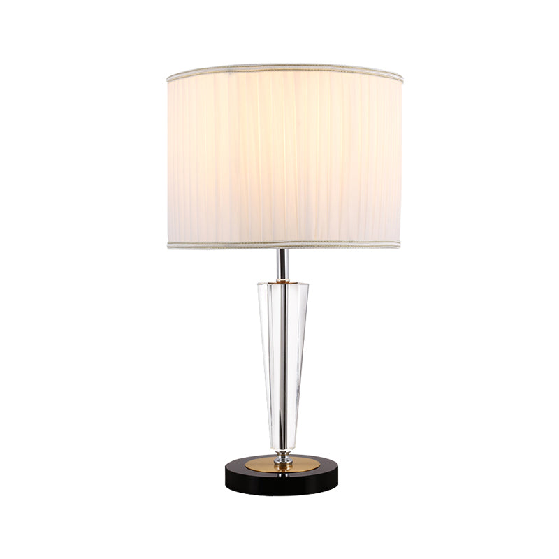 Traditional Crystal Table Lamp - Round Great Room Accent With Pleated Fabric Drum Shade White