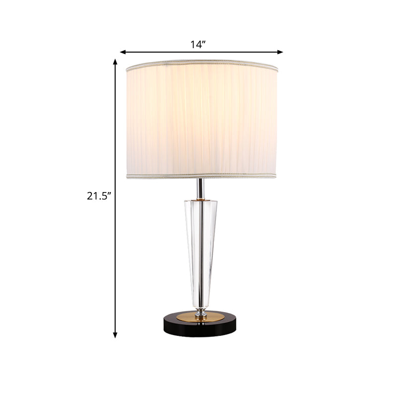 Traditional Crystal Table Lamp - Round Great Room Accent With Pleated Fabric Drum Shade White