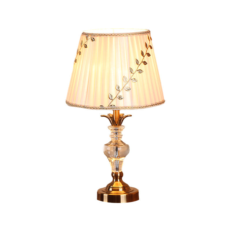 Chloe - Leaf Leaf-and-Vine Patterned Shade Bedroom Table Light Traditional Fabric 1 Bulb White Crystal Night Stand Lamp