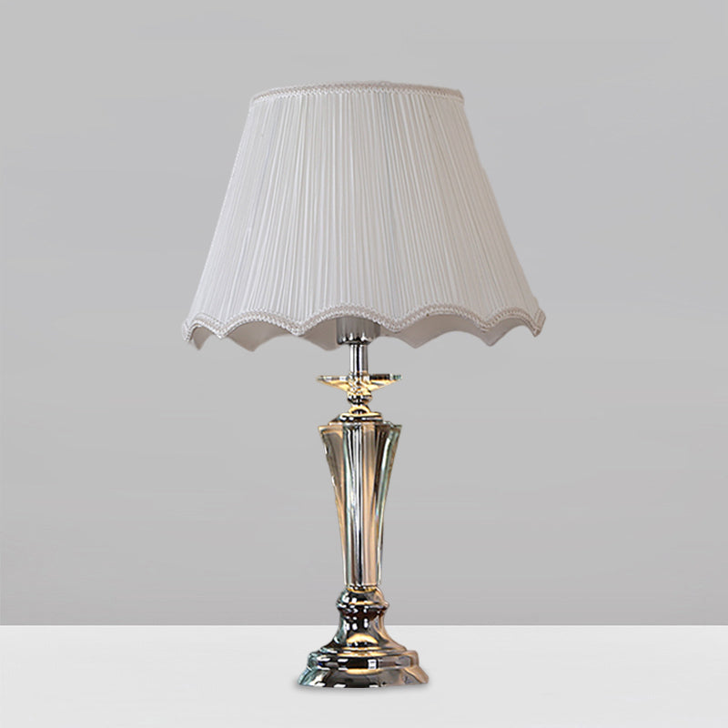 Blue/White Fabric Nightstand Lamp With Pleated/Scalloped Shade - Traditional Crystal Table Light For