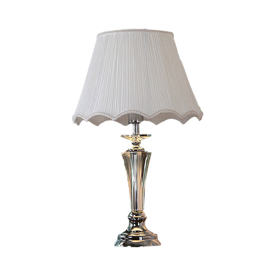 Blue/White Fabric Nightstand Lamp With Pleated/Scalloped Shade - Traditional Crystal Table Light For
