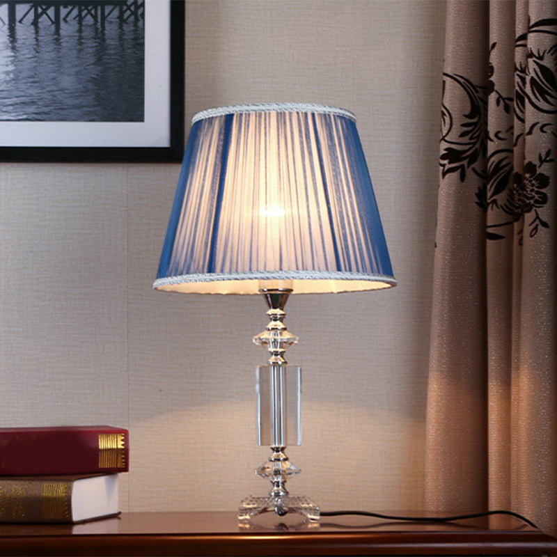 Traditional Blue/Cream Gray/Beige Tapered Pleated Shade Table Lamp With Crystal Base Blue