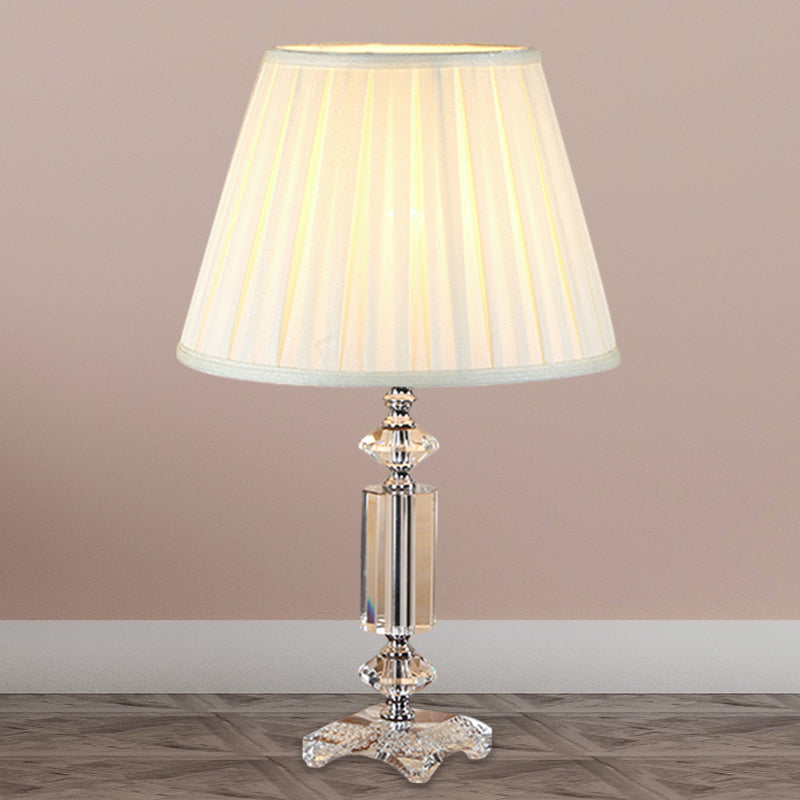 Traditional Blue/Cream Gray/Beige Tapered Pleated Shade Table Lamp With Crystal Base