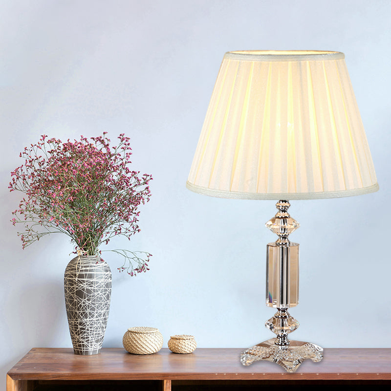 Traditional Blue/Cream Gray/Beige Tapered Pleated Shade Table Lamp With Crystal Base