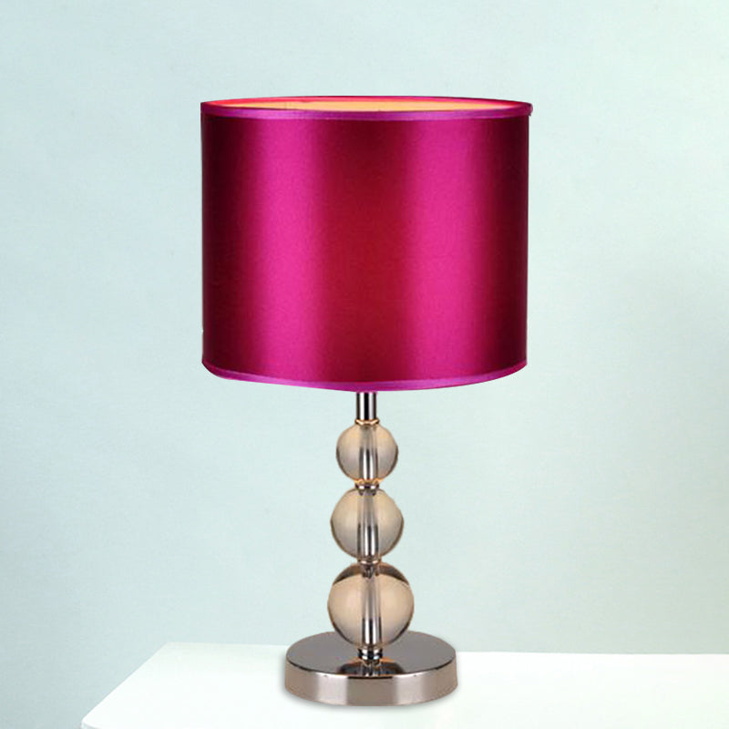 Purple Fabric Nightstand Lamp With Clear Crystal Orbs - Traditional Cylinder Shaded Table Light