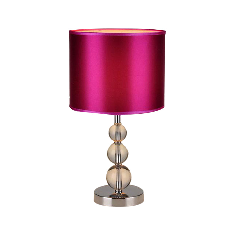 Purple Fabric Nightstand Lamp With Clear Crystal Orbs - Traditional Cylinder Shaded Table Light