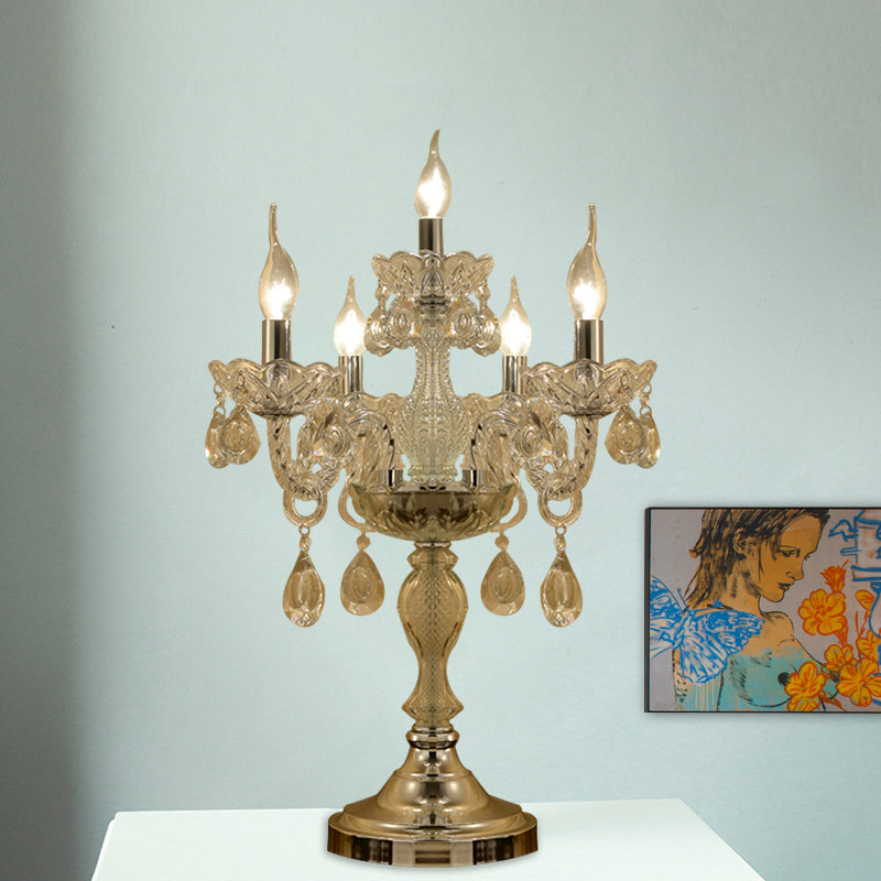Traditional Clear Crystal Candelabra Table Lamp - 5/6/7 Heads Chrome Nightstand Light