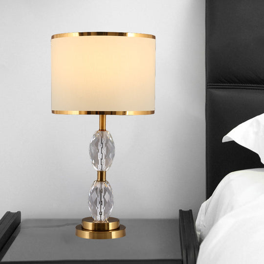 Crystal Table Lamp With Fabric Drum Shade - Elegant Nightstand Light For Traditional Drawing Room
