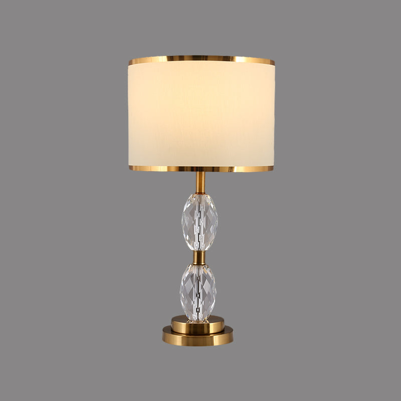 Crystal Table Lamp With Fabric Drum Shade - Elegant Nightstand Light For Traditional Drawing Room