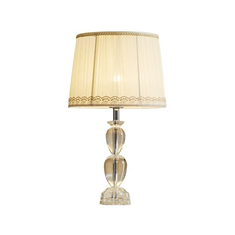 Beige Barrel Table Light: Traditional Pleated Fabric Lamp With Crystal And 1-Bulb For Drawing Room