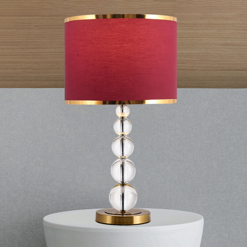 Traditional Burgundy/Beige Fabric Table Lamp With Crystal Post Drum Shade Nightstand Light Burgundy