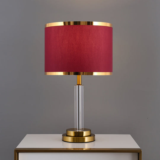 Burgundy/Beige Crystal Table Lamp With Traditional Fabric Shade - Elegant Circular Design