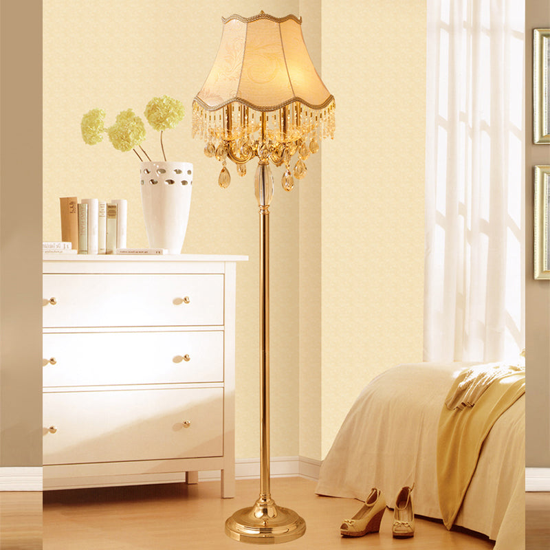 Traditional Crystal Droplets Floor Lamp With Gold Candlestick Design And Scalloped Trim Shade -