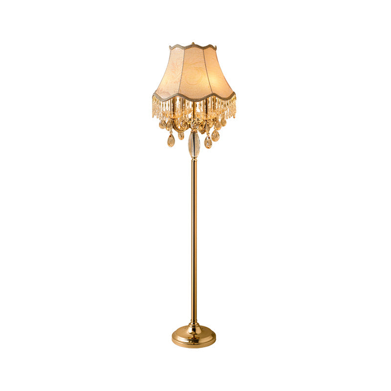Traditional Crystal Droplets Floor Lamp With Gold Candlestick Design And Scalloped Trim Shade -