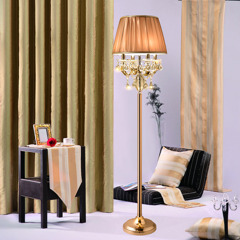 Traditional Crystal Raindrops Floor Lamp With Coffee Pleated Shade - Gold Finish